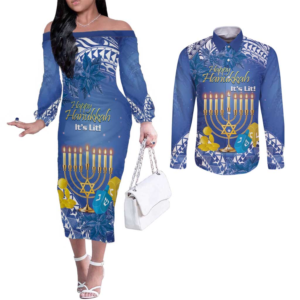Personalised Hanukkah Jewish Festival Couples Matching Off The Shoulder Long Sleeve Dress and Long Sleeve Button Shirt It's Lit - Polynesian Pattern