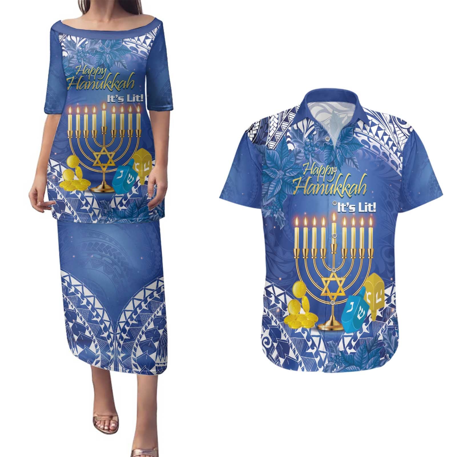 Personalised Hanukkah Jewish Festival Couples Matching Puletasi and Hawaiian Shirt It's Lit - Polynesian Pattern - Wonder Print Shop