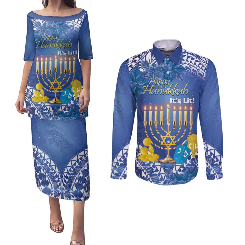 Personalised Hanukkah Jewish Festival Couples Matching Puletasi and Long Sleeve Button Shirt It's Lit - Polynesian Pattern - Wonder Print Shop