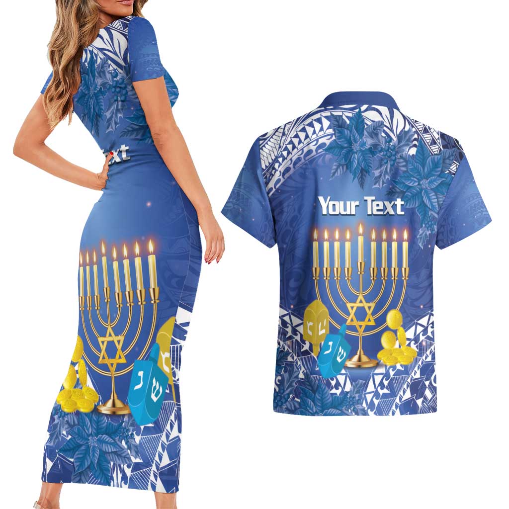 Personalised Hanukkah Jewish Festival Couples Matching Short Sleeve Bodycon Dress and Hawaiian Shirt It's Lit - Polynesian Pattern - Wonder Print Shop