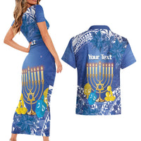 Personalised Hanukkah Jewish Festival Couples Matching Short Sleeve Bodycon Dress and Hawaiian Shirt It's Lit - Polynesian Pattern - Wonder Print Shop