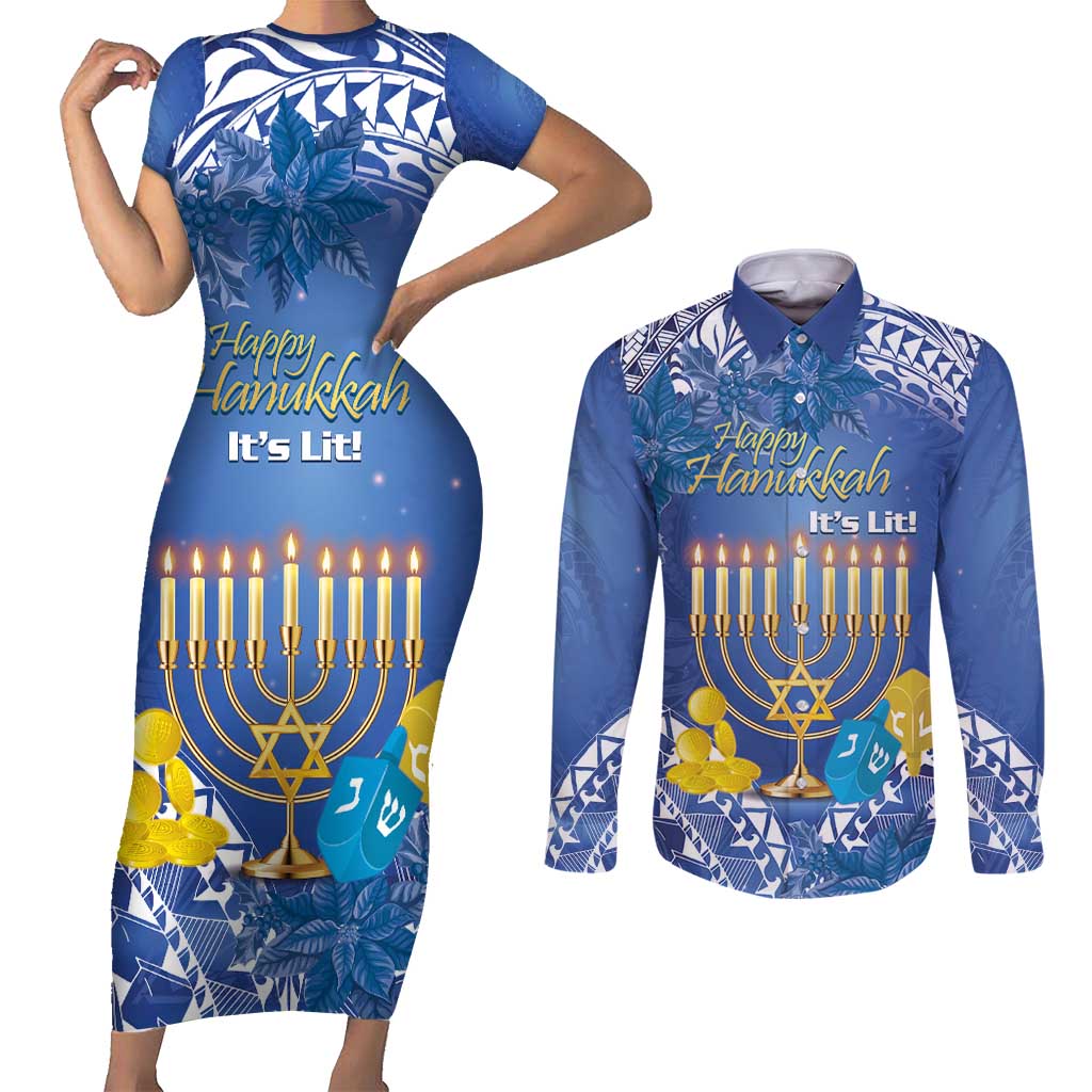 Personalised Hanukkah Jewish Festival Couples Matching Short Sleeve Bodycon Dress and Long Sleeve Button Shirt It's Lit - Polynesian Pattern - Wonder Print Shop