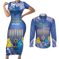 Personalised Hanukkah Jewish Festival Couples Matching Short Sleeve Bodycon Dress and Long Sleeve Button Shirt It's Lit - Polynesian Pattern - Wonder Print Shop