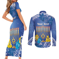 Personalised Hanukkah Jewish Festival Couples Matching Short Sleeve Bodycon Dress and Long Sleeve Button Shirt It's Lit - Polynesian Pattern - Wonder Print Shop