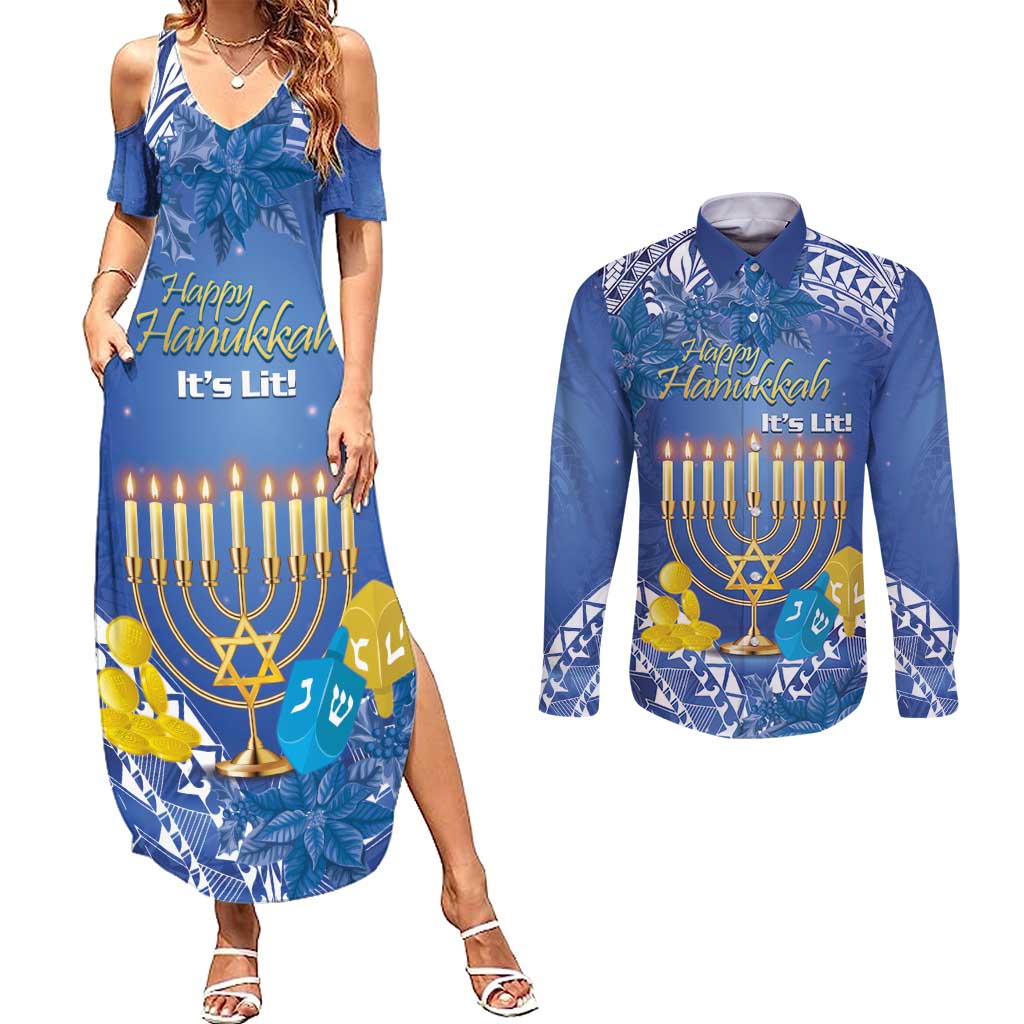 Personalised Hanukkah Jewish Festival Couples Matching Summer Maxi Dress and Long Sleeve Button Shirt It's Lit - Polynesian Pattern - Wonder Print Shop