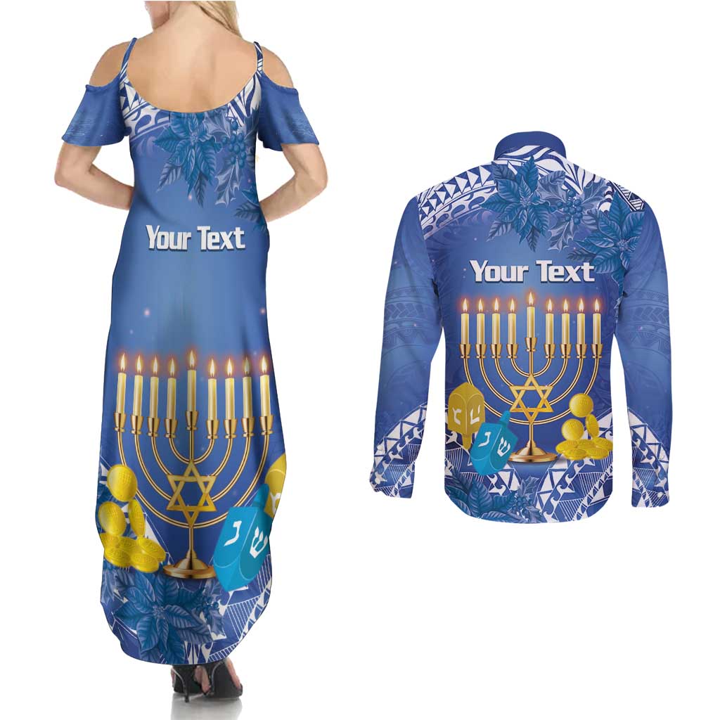 Personalised Hanukkah Jewish Festival Couples Matching Summer Maxi Dress and Long Sleeve Button Shirt It's Lit - Polynesian Pattern - Wonder Print Shop