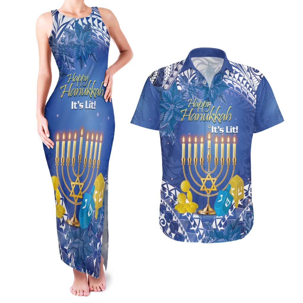 Personalised Hanukkah Jewish Festival Couples Matching Tank Maxi Dress and Hawaiian Shirt It's Lit - Polynesian Pattern - Wonder Print Shop