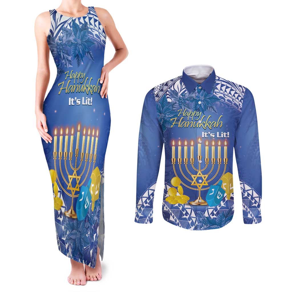 Personalised Hanukkah Jewish Festival Couples Matching Tank Maxi Dress and Long Sleeve Button Shirt It's Lit - Polynesian Pattern - Wonder Print Shop