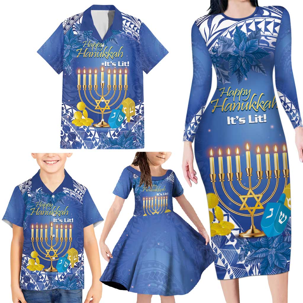 Personalised Hanukkah Jewish Festival Family Matching Long Sleeve Bodycon Dress and Hawaiian Shirt It's Lit - Polynesian Pattern - Wonder Print Shop