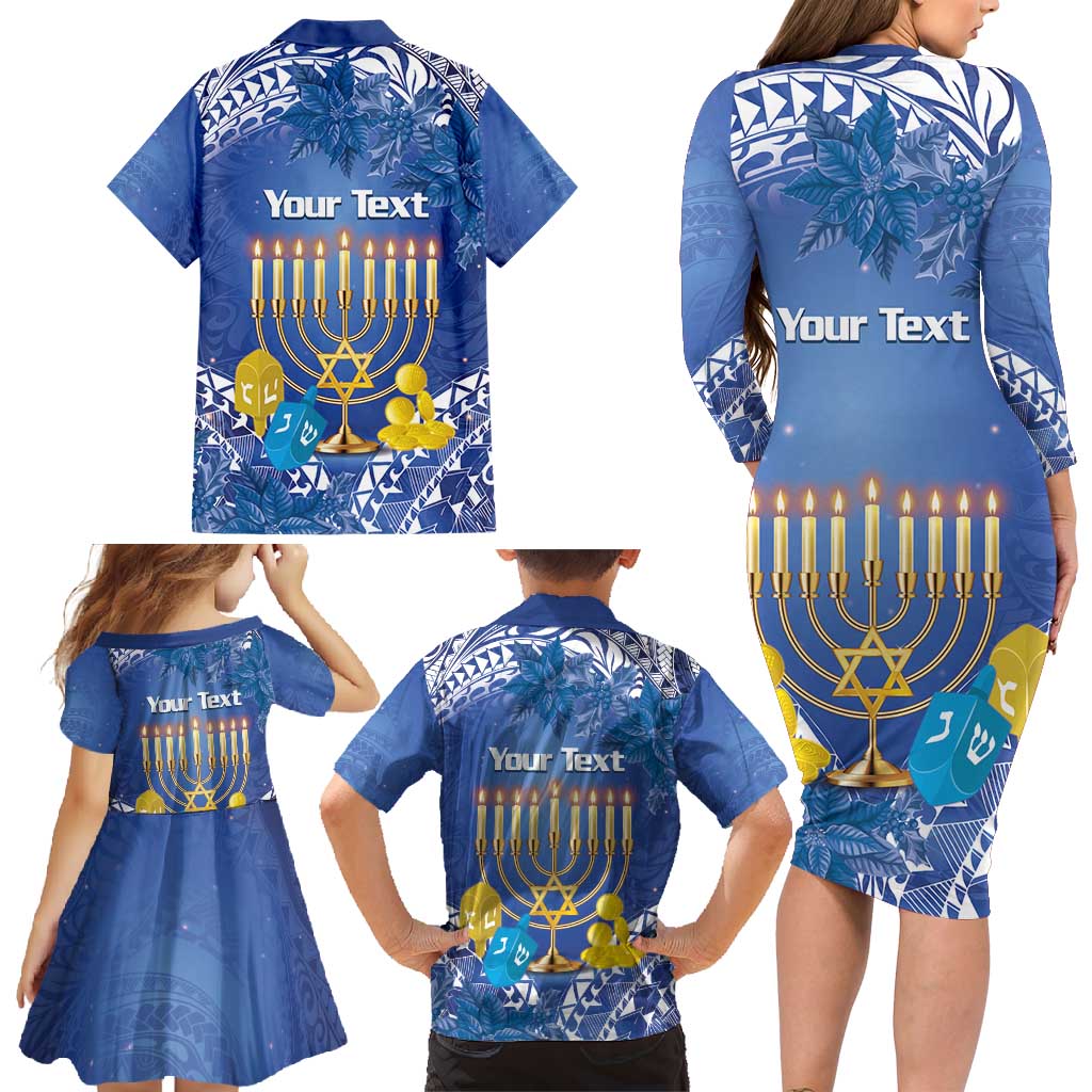 Personalised Hanukkah Jewish Festival Family Matching Long Sleeve Bodycon Dress and Hawaiian Shirt It's Lit - Polynesian Pattern - Wonder Print Shop
