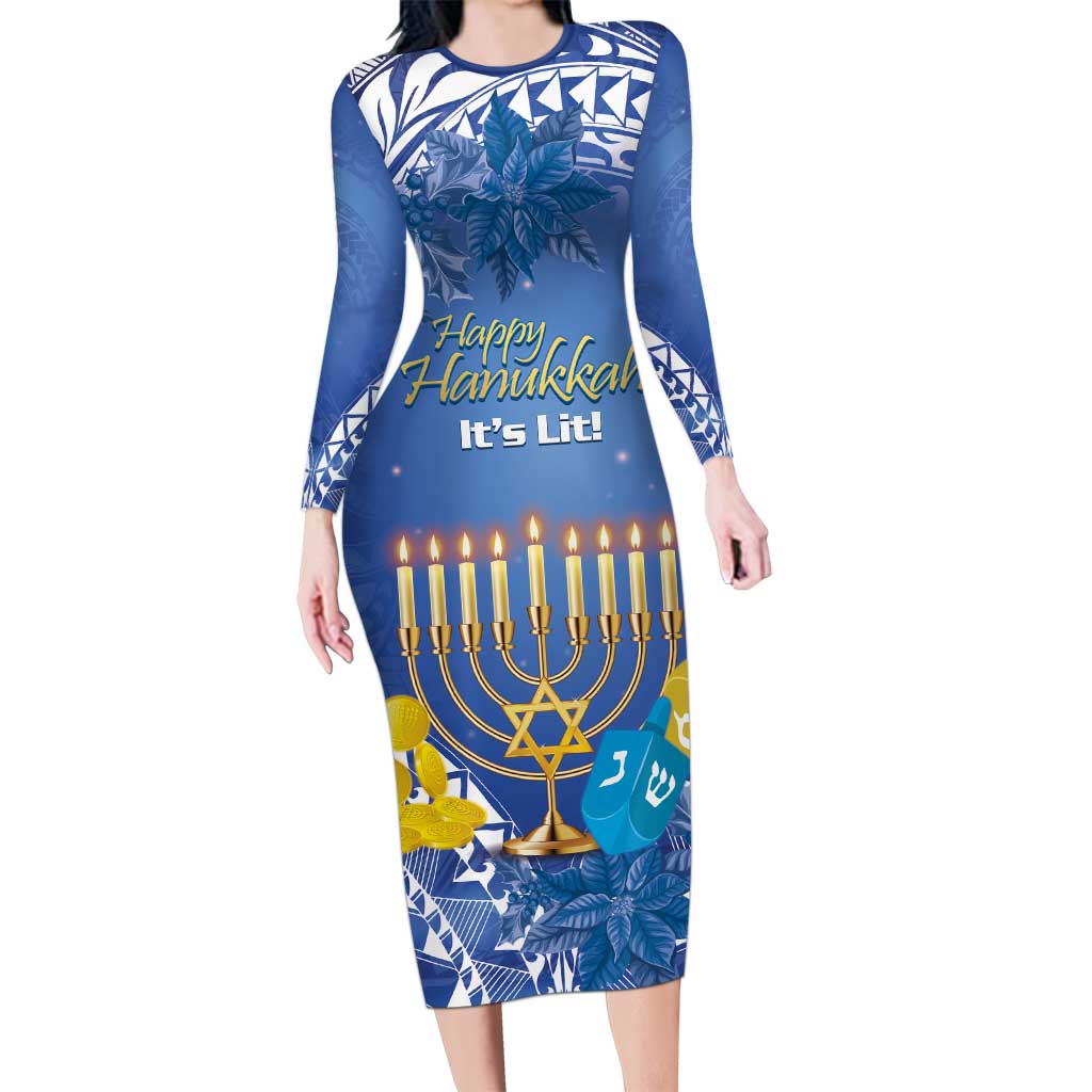 Personalised Hanukkah Jewish Festival Family Matching Long Sleeve Bodycon Dress and Hawaiian Shirt It's Lit - Polynesian Pattern - Wonder Print Shop