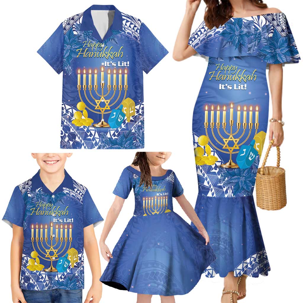 Personalised Hanukkah Jewish Festival Family Matching Mermaid Dress and Hawaiian Shirt It's Lit - Polynesian Pattern - Wonder Print Shop