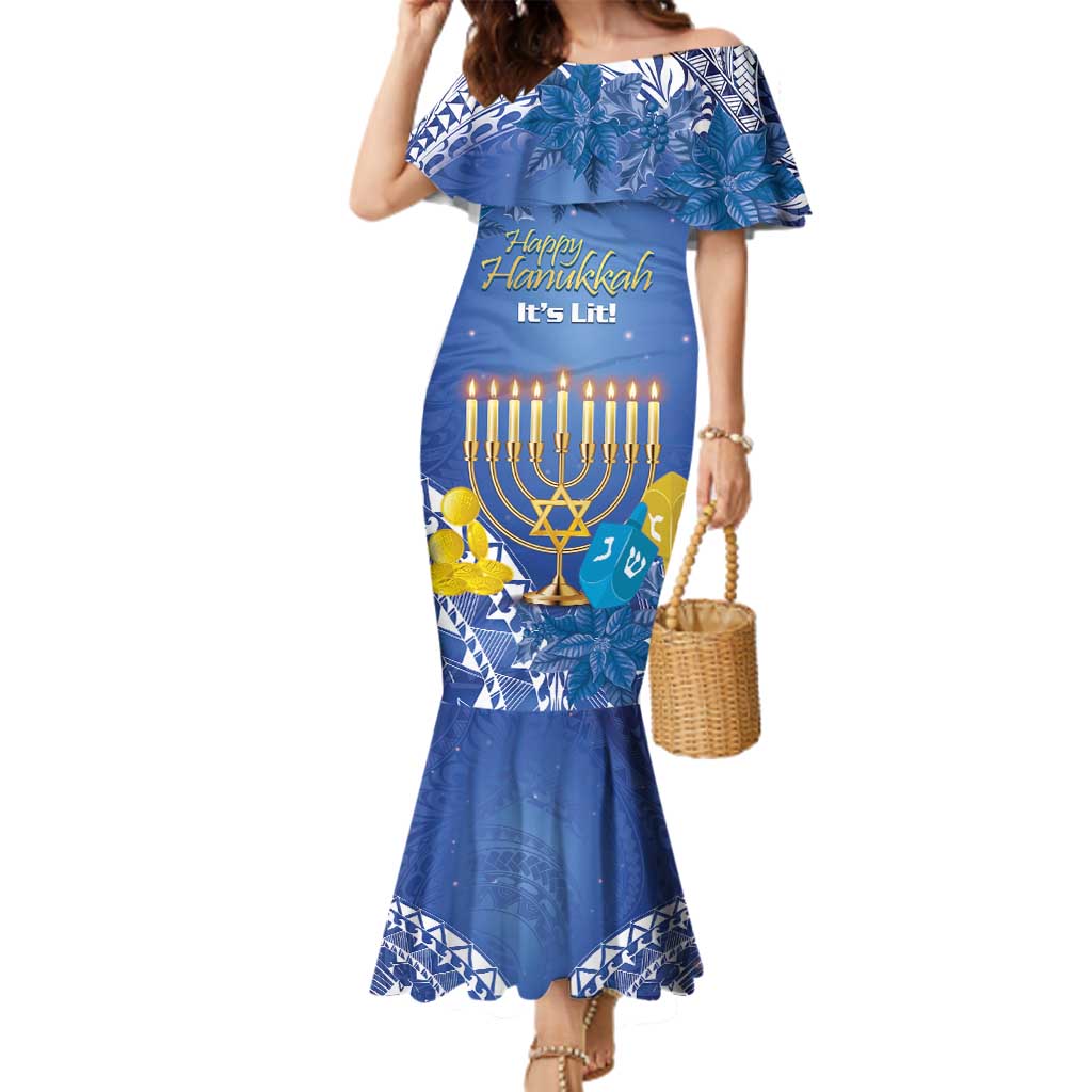 Personalised Hanukkah Jewish Festival Family Matching Mermaid Dress and Hawaiian Shirt It's Lit - Polynesian Pattern - Wonder Print Shop