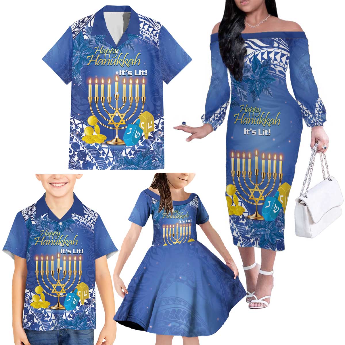 Personalised Hanukkah Jewish Festival Family Matching Off The Shoulder Long Sleeve Dress and Hawaiian Shirt It's Lit - Polynesian Pattern - Wonder Print Shop