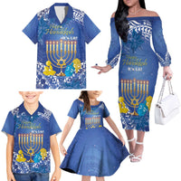Personalised Hanukkah Jewish Festival Family Matching Off The Shoulder Long Sleeve Dress and Hawaiian Shirt It's Lit - Polynesian Pattern - Wonder Print Shop