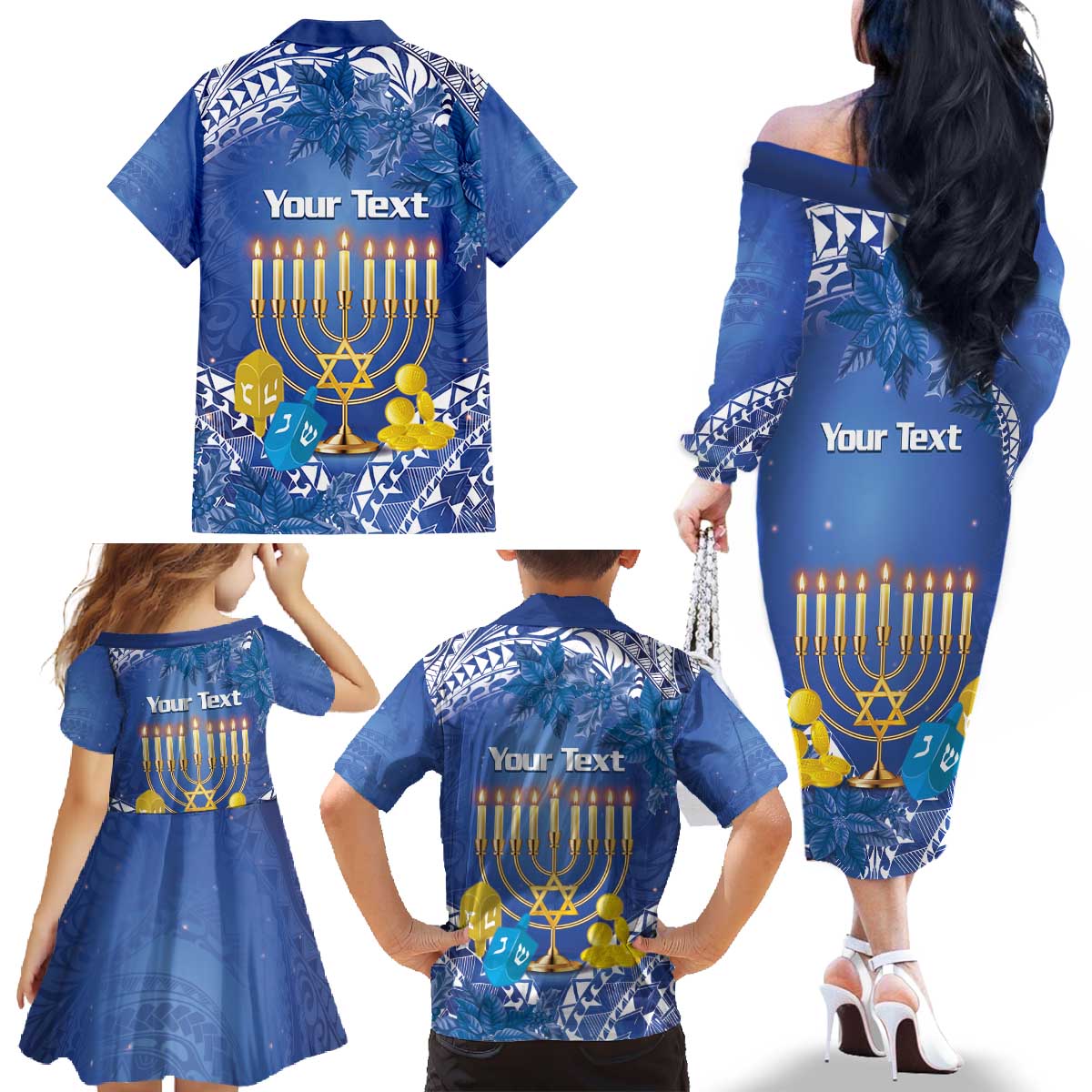 Personalised Hanukkah Jewish Festival Family Matching Off The Shoulder Long Sleeve Dress and Hawaiian Shirt It's Lit - Polynesian Pattern - Wonder Print Shop
