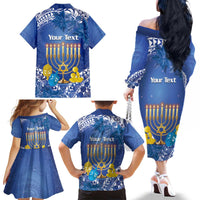 Personalised Hanukkah Jewish Festival Family Matching Off The Shoulder Long Sleeve Dress and Hawaiian Shirt It's Lit - Polynesian Pattern - Wonder Print Shop
