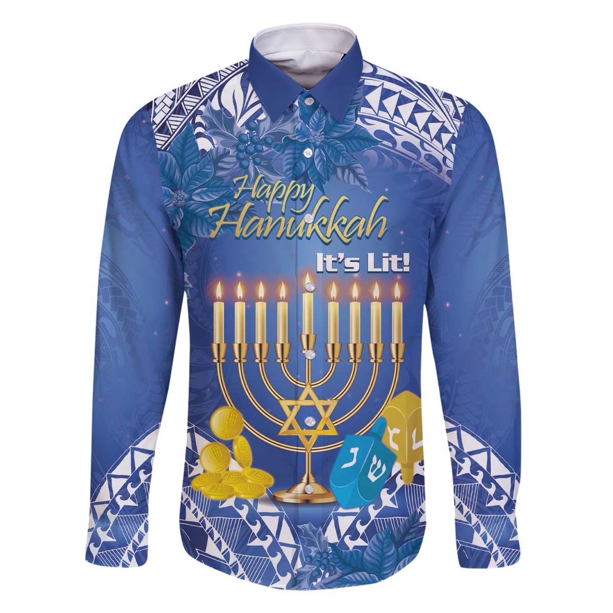 Personalised Hanukkah Jewish Festival Family Matching Off The Shoulder Long Sleeve Dress and Hawaiian Shirt It's Lit - Polynesian Pattern - Wonder Print Shop