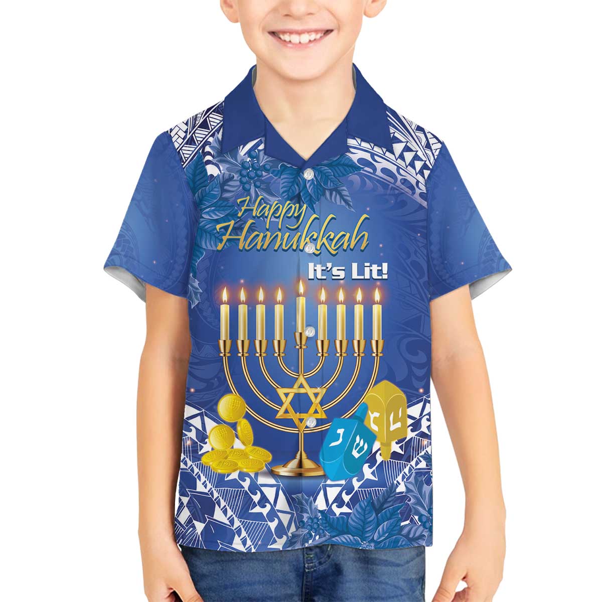 Personalised Hanukkah Jewish Festival Family Matching Off The Shoulder Long Sleeve Dress and Hawaiian Shirt It's Lit - Polynesian Pattern - Wonder Print Shop