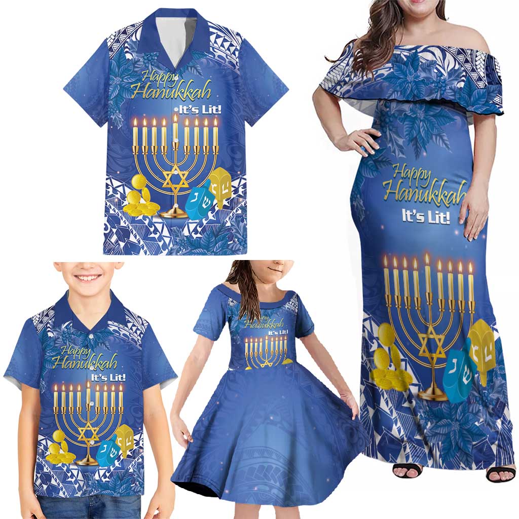 Personalised Hanukkah Jewish Festival Family Matching Off Shoulder Maxi Dress and Hawaiian Shirt It's Lit - Polynesian Pattern - Wonder Print Shop