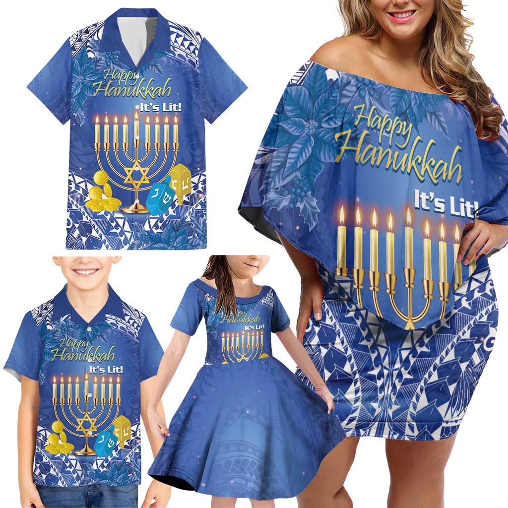 Personalised Hanukkah Jewish Festival Family Matching Off Shoulder Short Dress and Hawaiian Shirt It's Lit - Polynesian Pattern - Wonder Print Shop