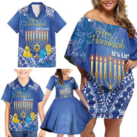 Personalised Hanukkah Jewish Festival Family Matching Off Shoulder Short Dress and Hawaiian Shirt It's Lit - Polynesian Pattern - Wonder Print Shop