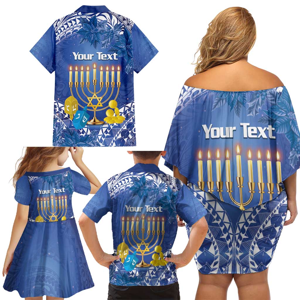 Personalised Hanukkah Jewish Festival Family Matching Off Shoulder Short Dress and Hawaiian Shirt It's Lit - Polynesian Pattern - Wonder Print Shop