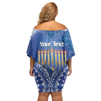 Personalised Hanukkah Jewish Festival Family Matching Off Shoulder Short Dress and Hawaiian Shirt It's Lit - Polynesian Pattern - Wonder Print Shop