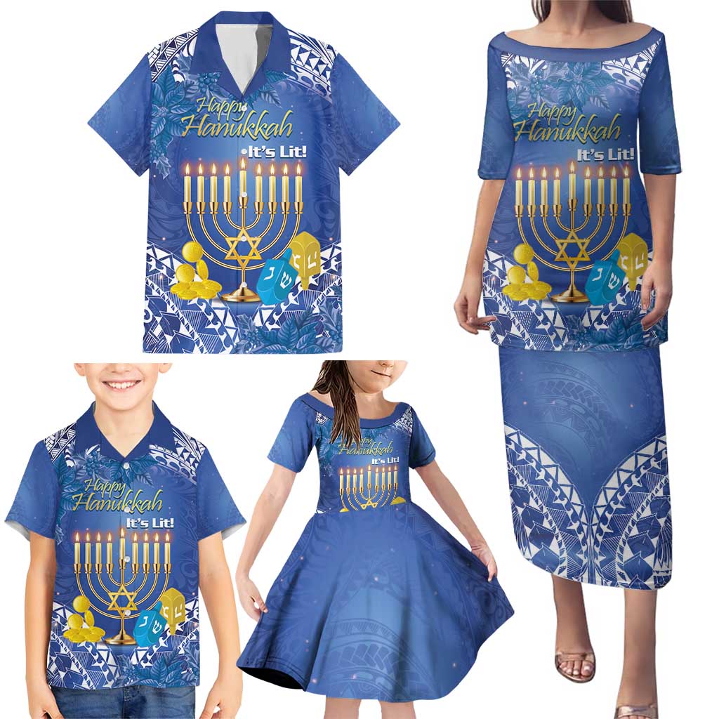 Personalised Hanukkah Jewish Festival Family Matching Puletasi and Hawaiian Shirt It's Lit - Polynesian Pattern - Wonder Print Shop