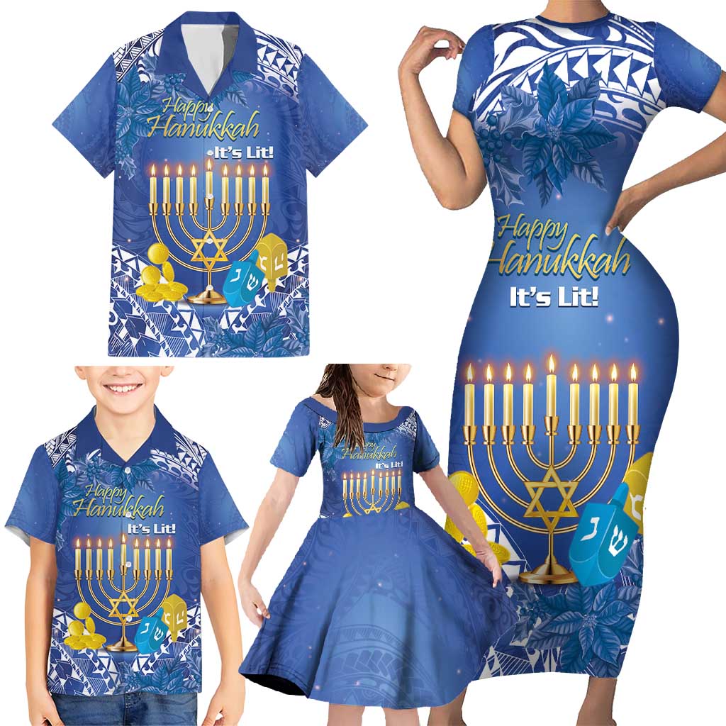 Personalised Hanukkah Jewish Festival Family Matching Short Sleeve Bodycon Dress and Hawaiian Shirt It's Lit - Polynesian Pattern - Wonder Print Shop