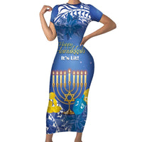Personalised Hanukkah Jewish Festival Family Matching Short Sleeve Bodycon Dress and Hawaiian Shirt It's Lit - Polynesian Pattern - Wonder Print Shop