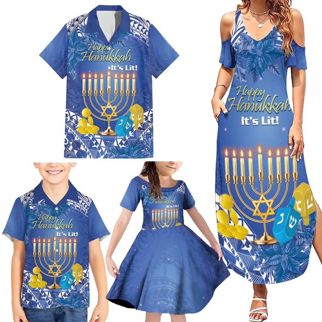 Personalised Hanukkah Jewish Festival Family Matching Summer Maxi Dress and Hawaiian Shirt It's Lit - Polynesian Pattern - Wonder Print Shop