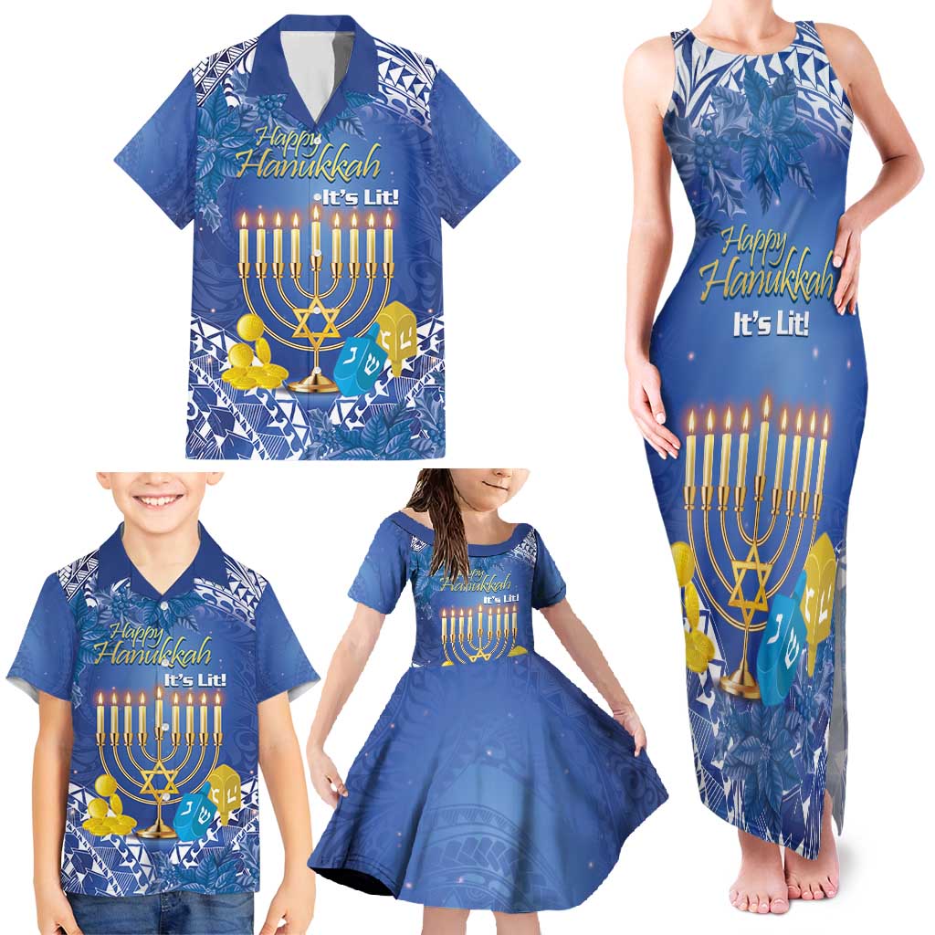 Personalised Hanukkah Jewish Festival Family Matching Tank Maxi Dress and Hawaiian Shirt It's Lit - Polynesian Pattern - Wonder Print Shop