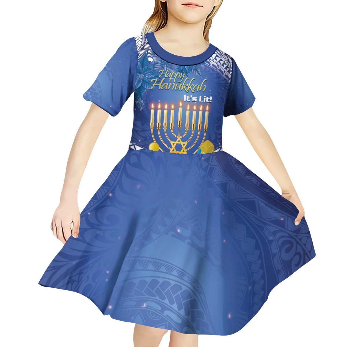 Personalised Hanukkah Jewish Festival Kid Short Sleeve Dress It's Lit - Polynesian Pattern - Wonder Print Shop