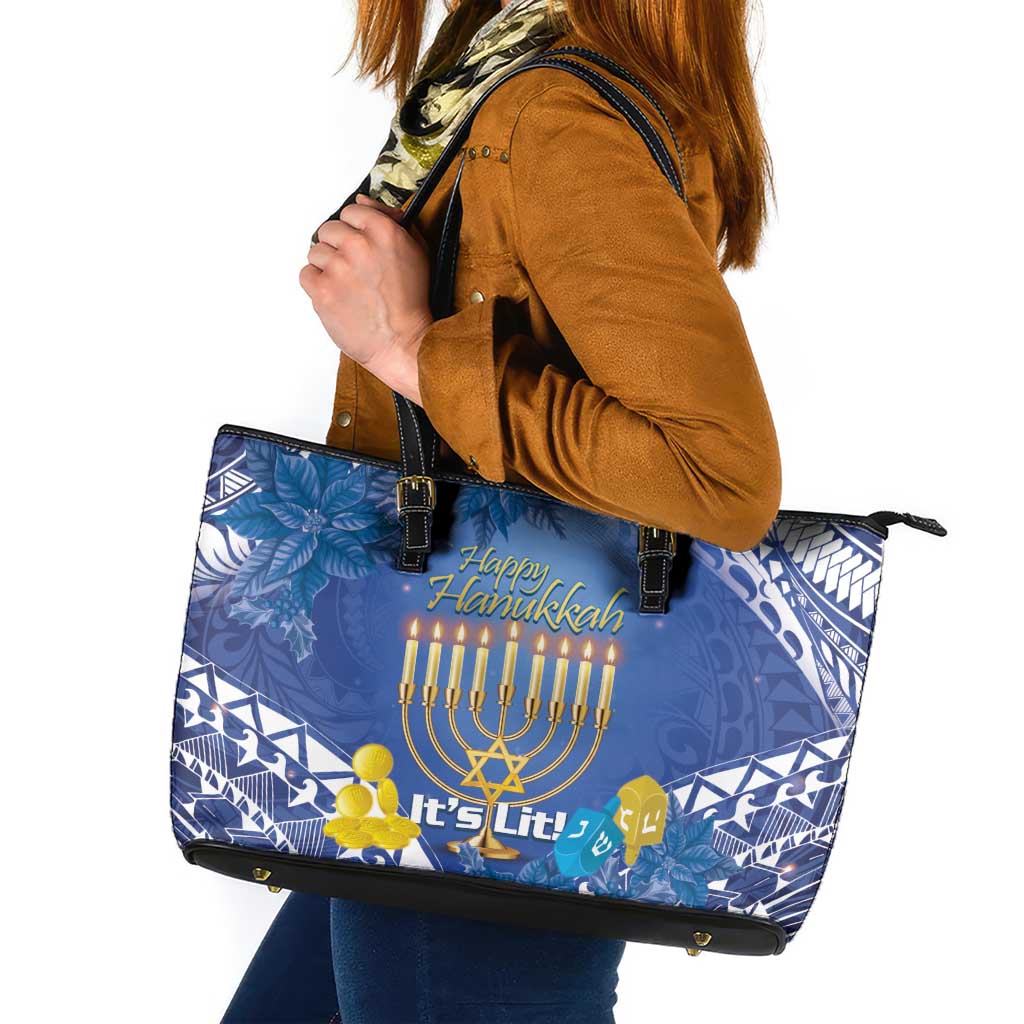 Hanukkah Jewish Festival Leather Tote Bag It's Lit - Polynesian Pattern - Wonder Print Shop