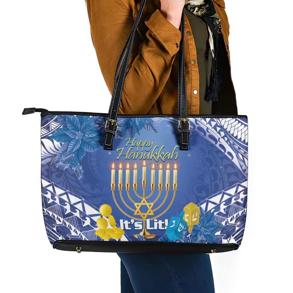 Hanukkah Jewish Festival Leather Tote Bag It's Lit - Polynesian Pattern - Wonder Print Shop
