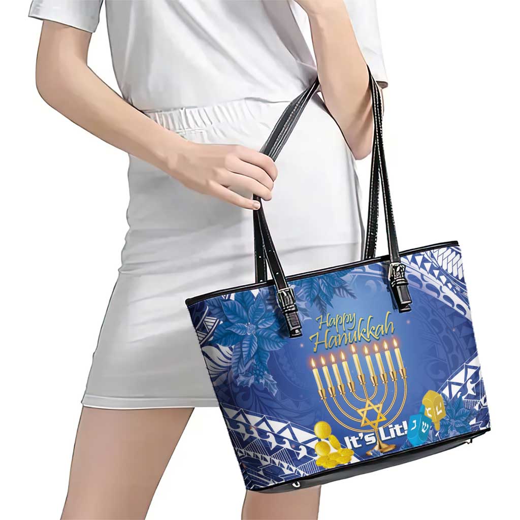 Hanukkah Jewish Festival Leather Tote Bag It's Lit - Polynesian Pattern - Wonder Print Shop