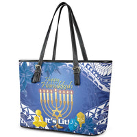 Hanukkah Jewish Festival Leather Tote Bag It's Lit - Polynesian Pattern - Wonder Print Shop