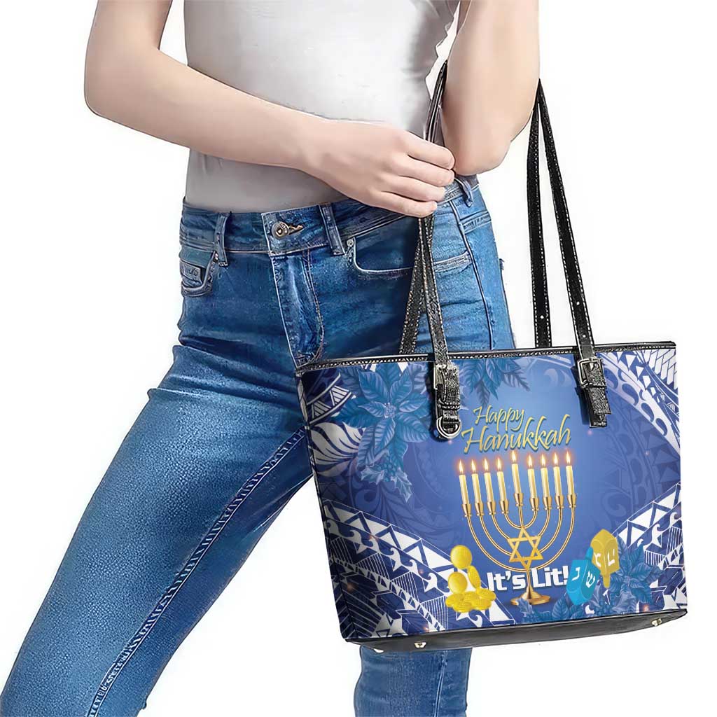 Hanukkah Jewish Festival Leather Tote Bag It's Lit - Polynesian Pattern - Wonder Print Shop