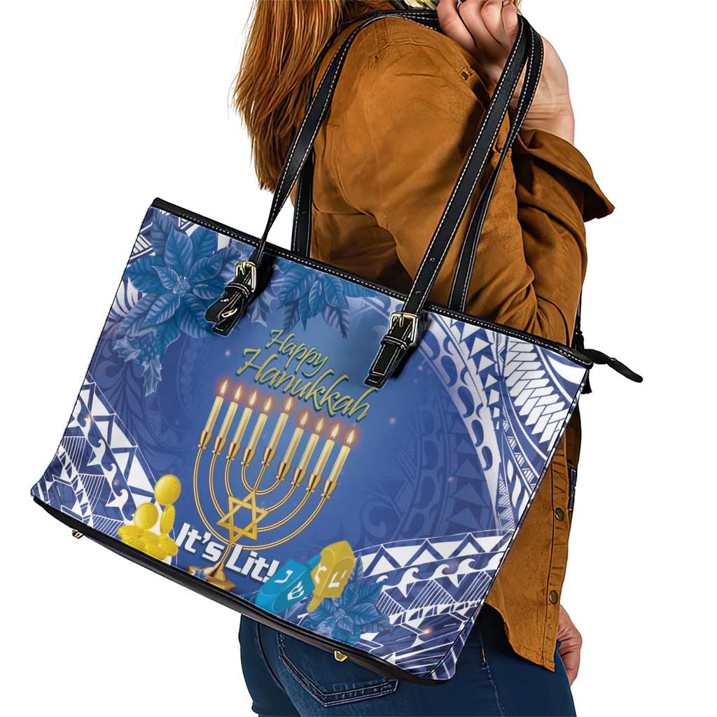 Hanukkah Jewish Festival Leather Tote Bag It's Lit - Polynesian Pattern - Wonder Print Shop