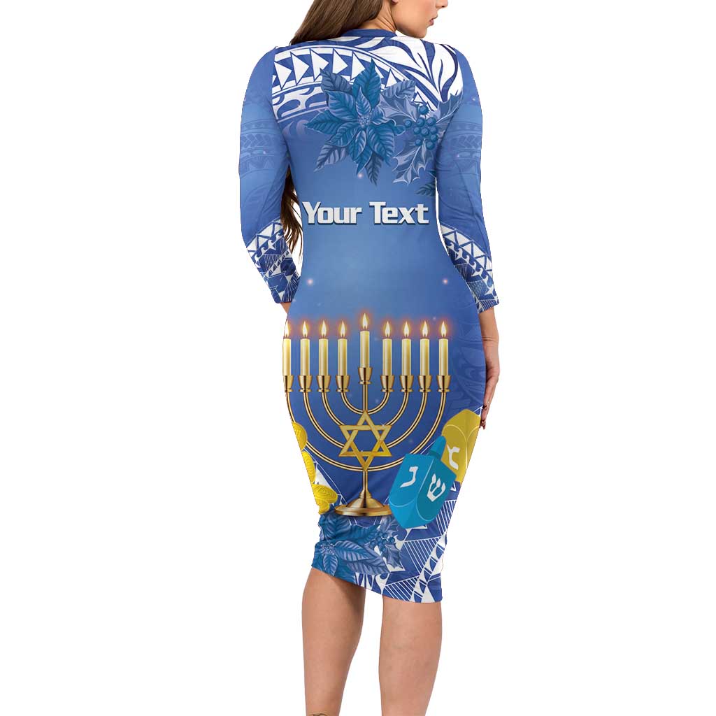 Personalised Hanukkah Jewish Festival Long Sleeve Bodycon Dress It's Lit - Polynesian Pattern - Wonder Print Shop