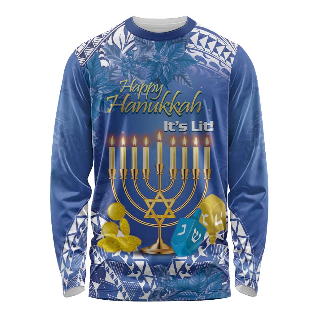 Personalised Hanukkah Jewish Festival Long Sleeve Shirt It's Lit - Polynesian Pattern - Wonder Print Shop