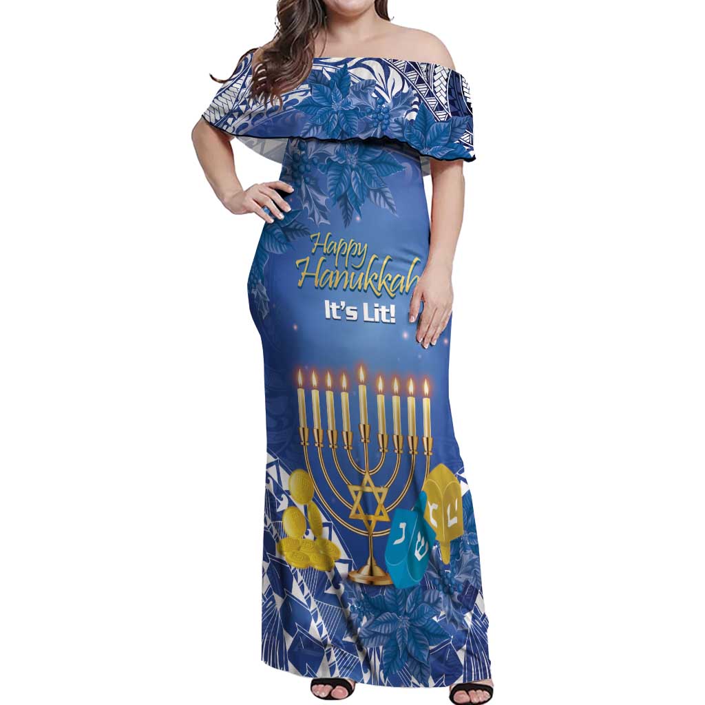 Personalised Hanukkah Jewish Festival Off Shoulder Maxi Dress It's Lit - Polynesian Pattern - Wonder Print Shop