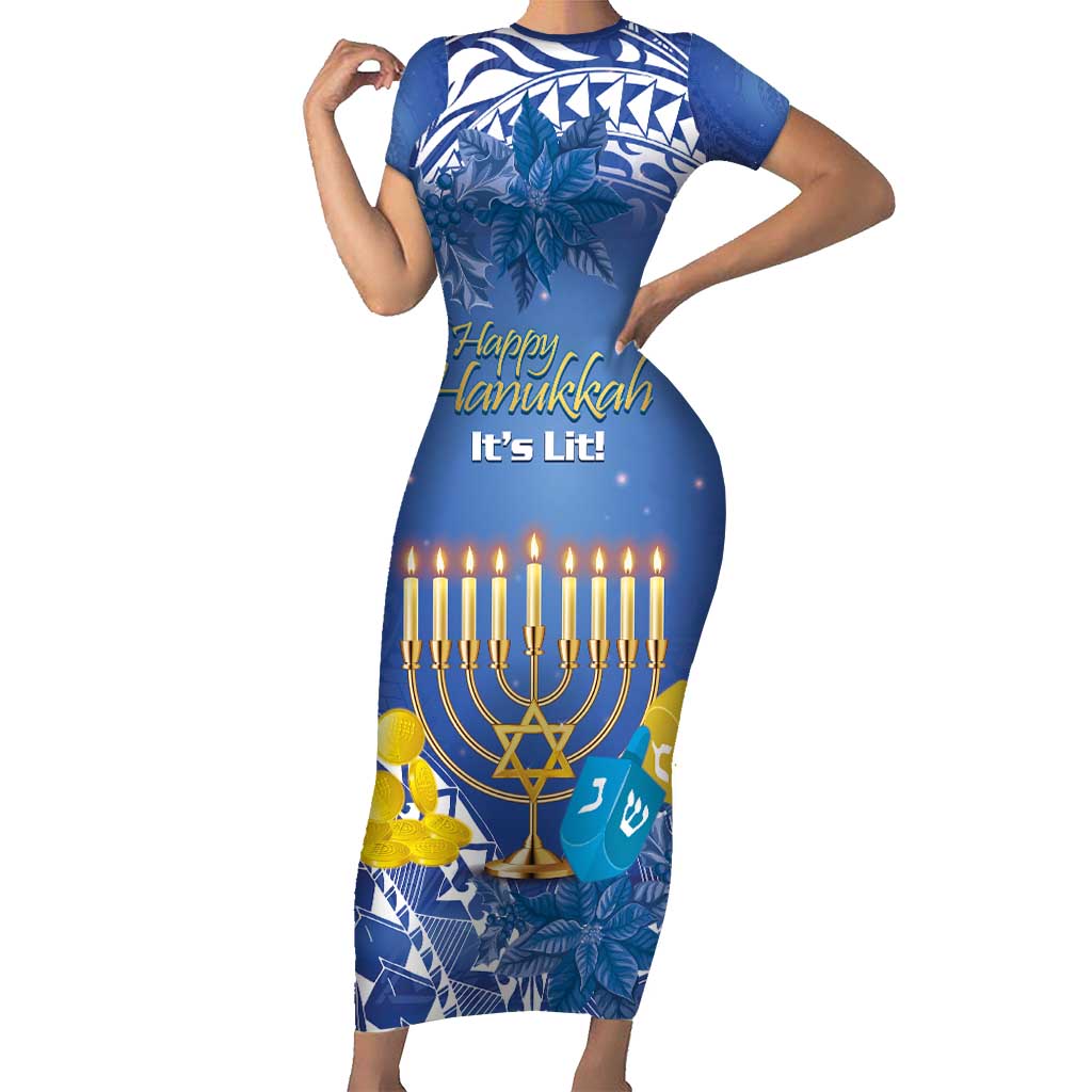 Personalised Hanukkah Jewish Festival Short Sleeve Bodycon Dress It's Lit - Polynesian Pattern - Wonder Print Shop