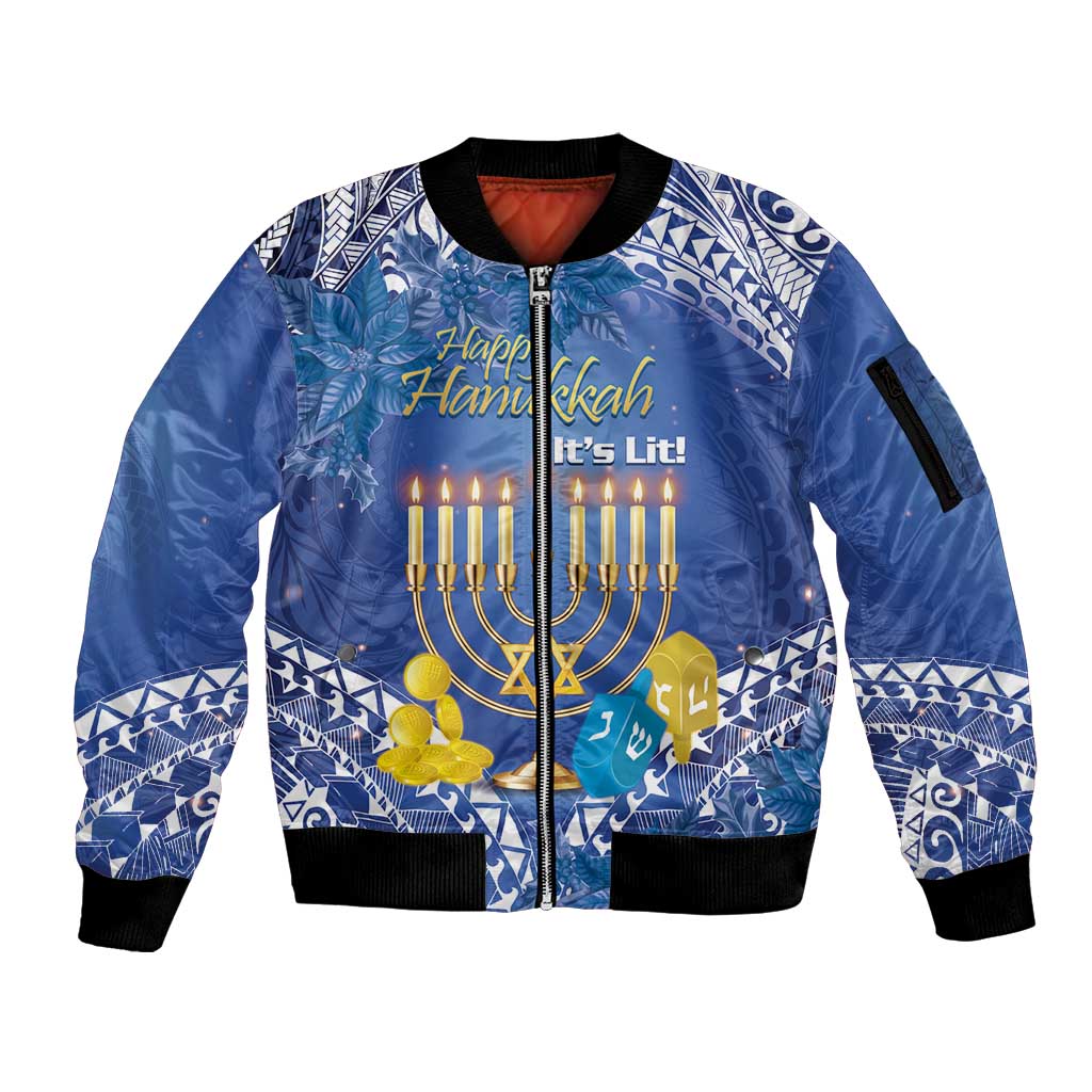 Personalised Hanukkah Jewish Festival Sleeve Zip Bomber Jacket It's Lit - Polynesian Pattern - Wonder Print Shop