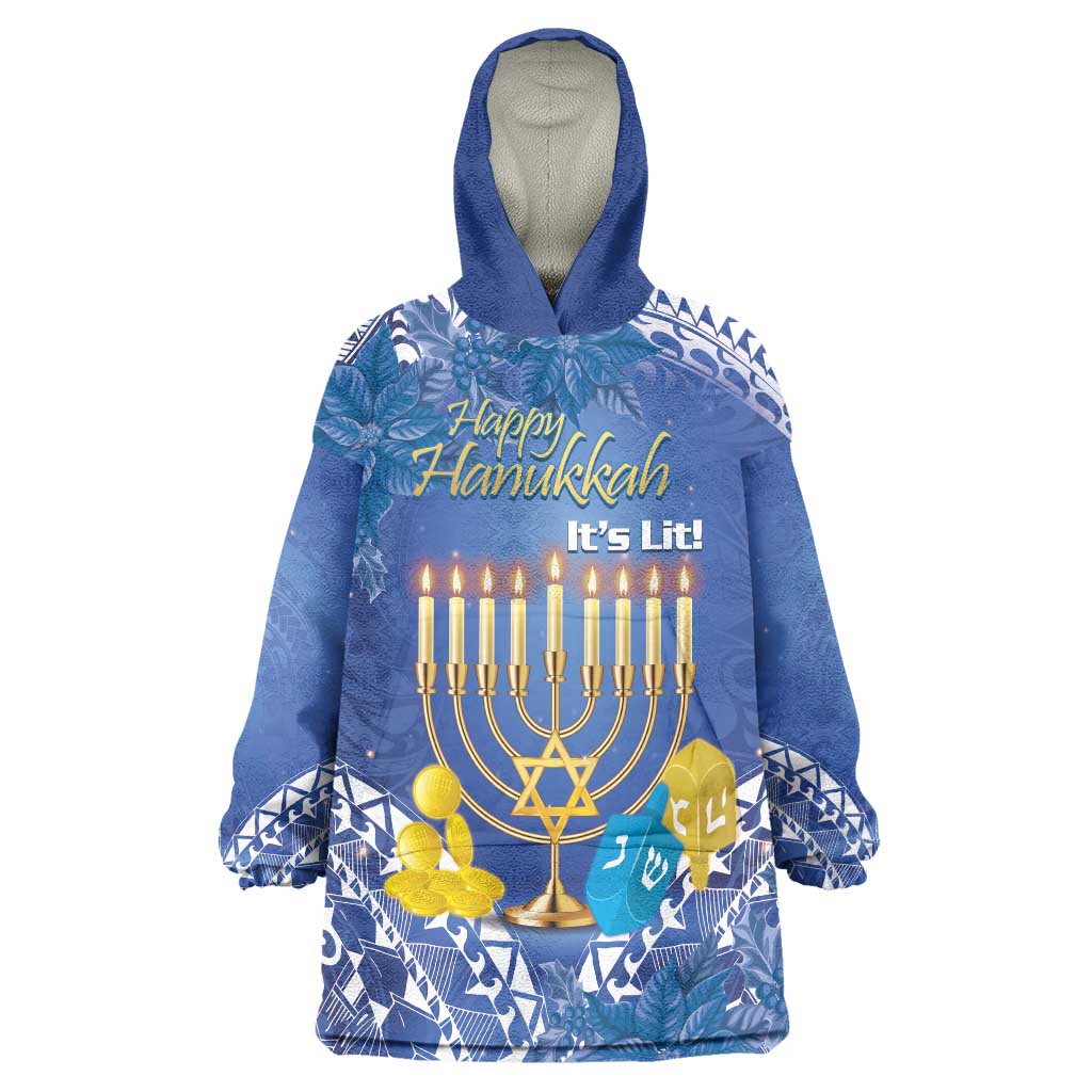 Personalised Hanukkah Jewish Festival Wearable Blanket Hoodie It's Lit - Polynesian Pattern - Wonder Print Shop