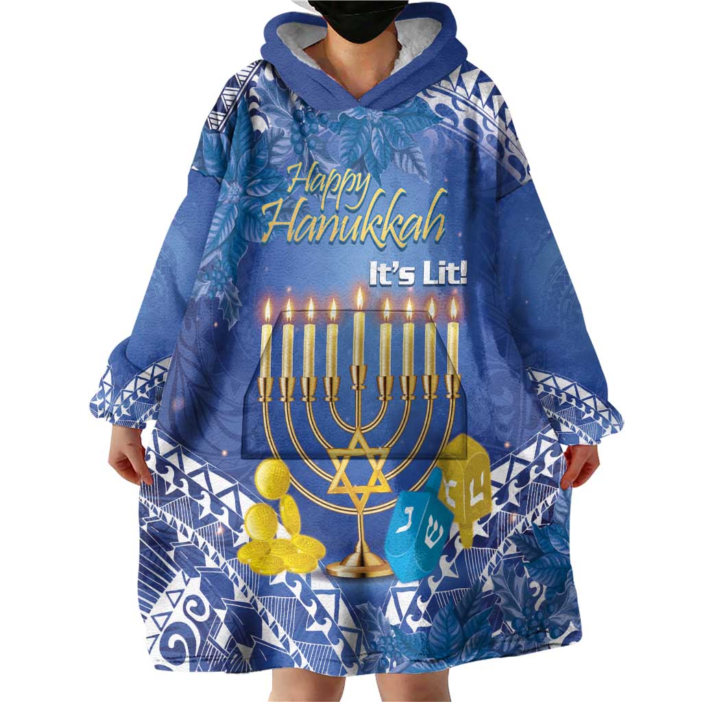 Personalised Hanukkah Jewish Festival Wearable Blanket Hoodie It's Lit - Polynesian Pattern - Wonder Print Shop