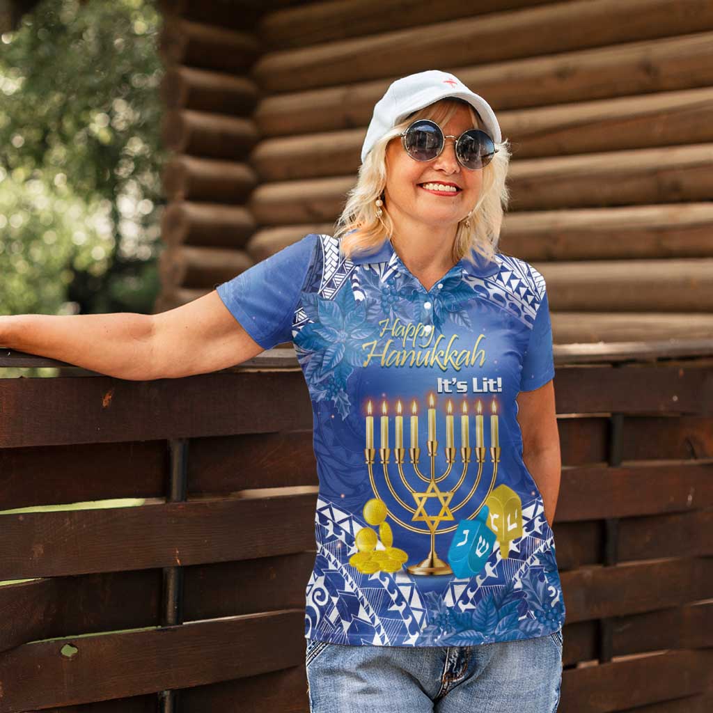Personalised Hanukkah Jewish Festival Women Polo Shirt It's Lit - Polynesian Pattern - Wonder Print Shop