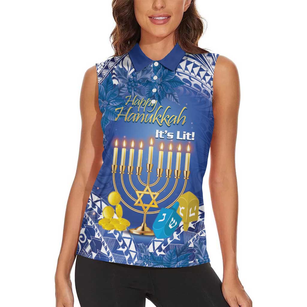 Personalised Hanukkah Jewish Festival Women Sleeveless Polo Shirt It's Lit - Polynesian Pattern - Wonder Print Shop