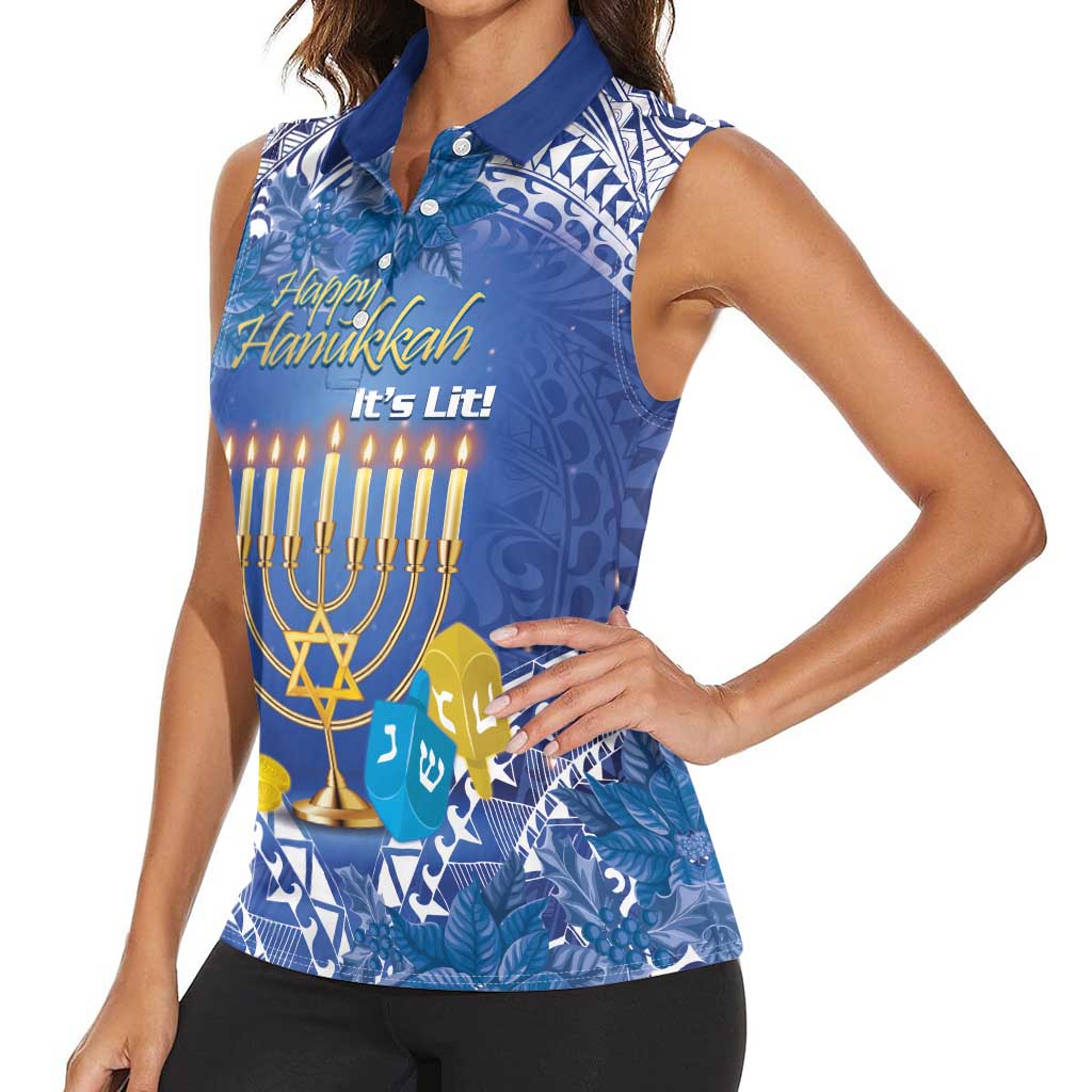 Personalised Hanukkah Jewish Festival Women Sleeveless Polo Shirt It's Lit - Polynesian Pattern - Wonder Print Shop